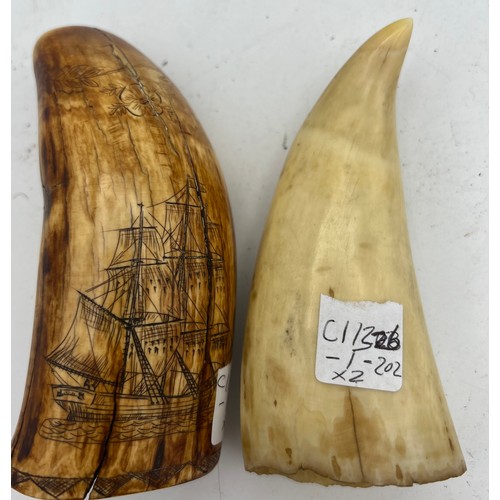 1075 - Two scrimshaw whales teeth, one with ship and mermaid and one with ship. Largest 11.5cm h.