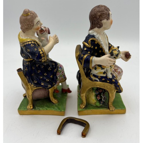 187 - A pair of 18thC Derby porcelain figures, with scratch marks for model no.71, 14cm h.