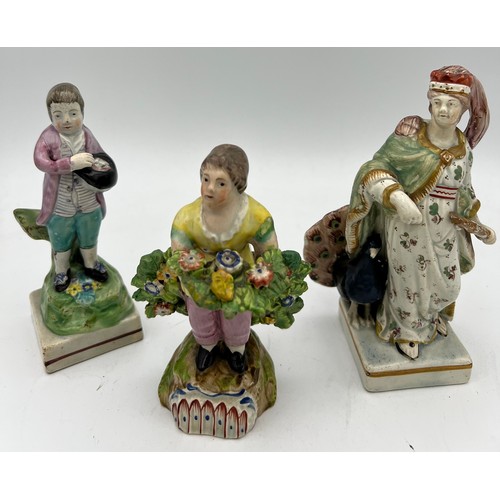 188 - Five 18thC English pottery figures. Tallest 15cm.