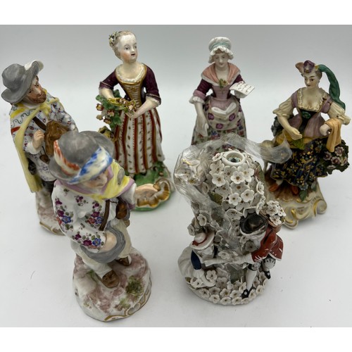 191 - Six 19th C continental porcelain figures, two Samson with faux Derby marks,