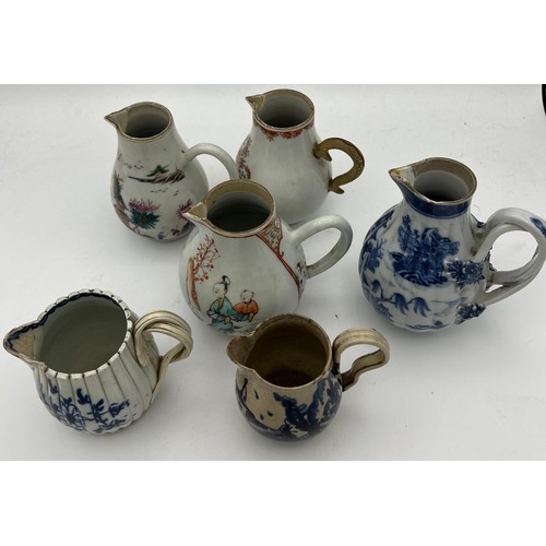 192 - Six 19thC sparrow beak jugs to include three Chinese, two English pottery and one porcelain.