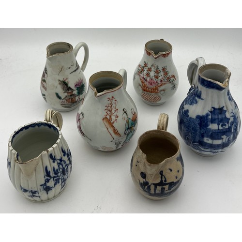 192 - Six 19thC sparrow beak jugs to include three Chinese, two English pottery and one porcelain.