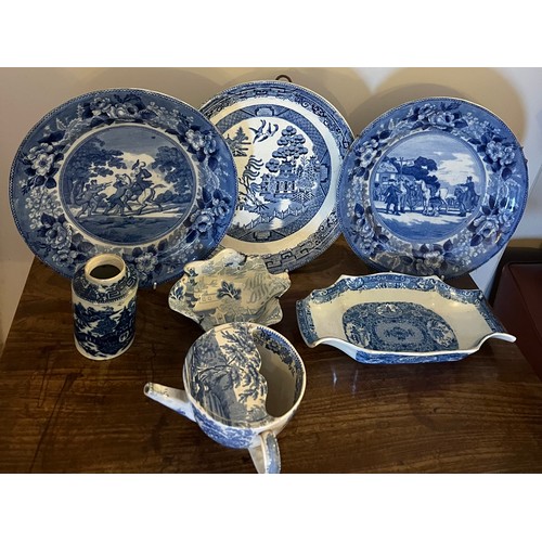 196 - Seven pieces of 19thC blue and white pottery to include two Adams Doctor Syntax plates, pap bowl mar... 