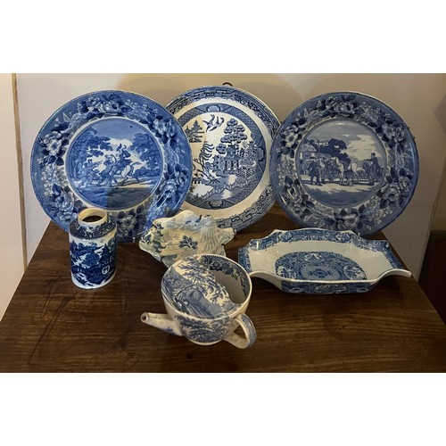 196 - Seven pieces of 19thC blue and white pottery to include two Adams Doctor Syntax plates, pap bowl mar... 