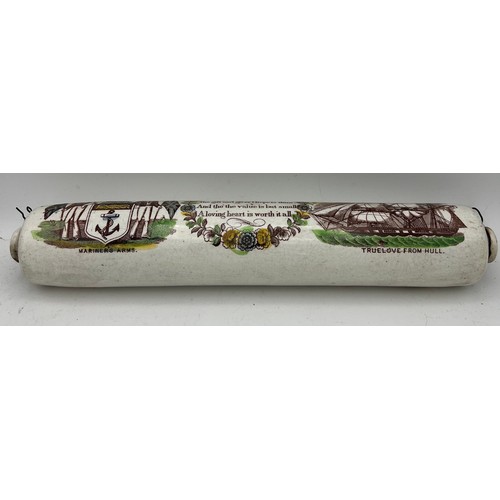 200 - A 19thC Sunderland Ware rolling pin depicting the True Love from Hull. 37cm l.