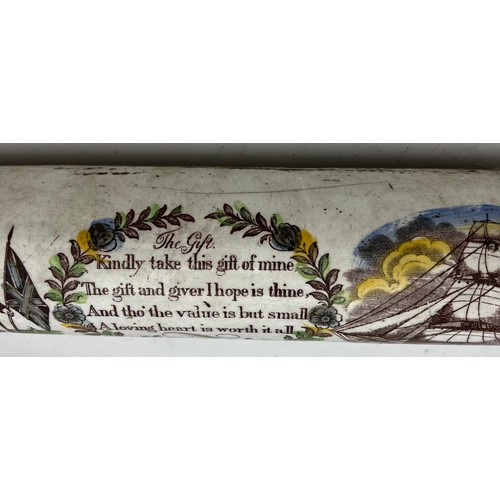 200 - A 19thC Sunderland Ware rolling pin depicting the True Love from Hull. 37cm l.