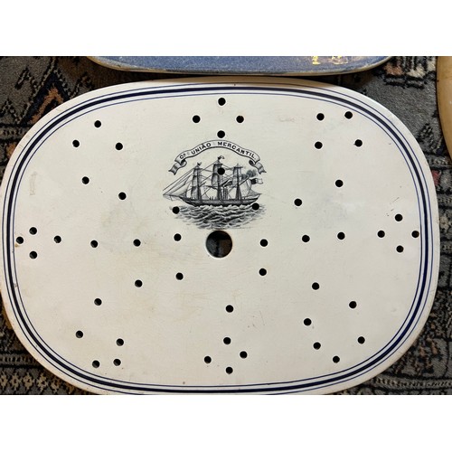 203 - Seven various blue and white drainers to include Primavesi Cardiff, pearl ware, depicting sailing sh... 