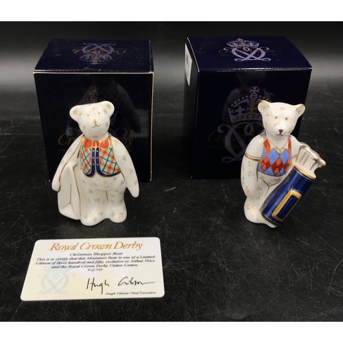 221 - A collection of six Royal Crown Derby teddy bears to include Christmas Shopper, Golfer (with boxes) ... 