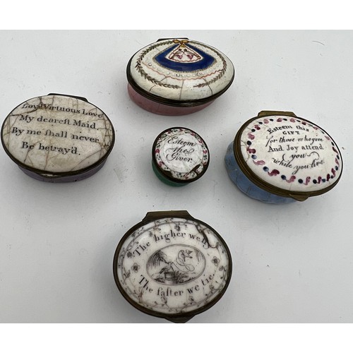 458 - Five 18thC enamel patch boxes, four with inscriptions to include, ‘Esteem the Giver’, ‘The higher we... 