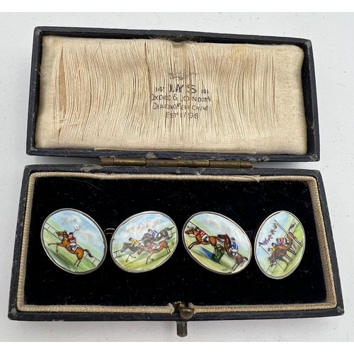 459 - Silver and enamel cuff links depicting horse racing scenes. Sheffield 1999. Maker DT.