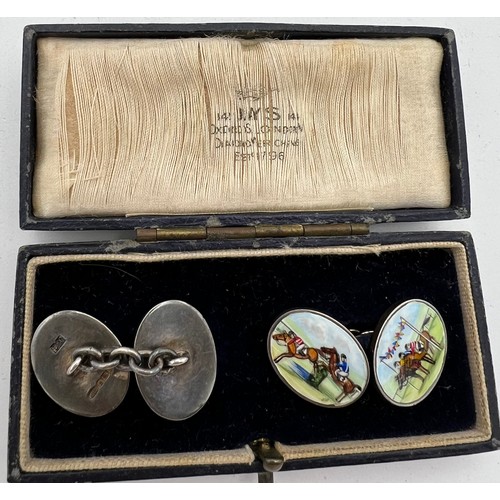 459 - Silver and enamel cuff links depicting horse racing scenes. Sheffield 1999. Maker DT.