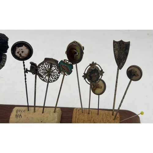 466 - Seventeen various 19th/20thC tie/stock pins to include seed pearl and hair mourning pin inscribed wi... 