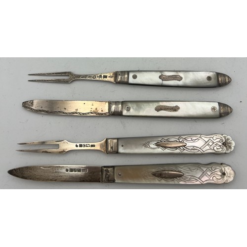 709 - Two pairs of silver and mother of pearl knives and forks. One pair engraved R.M Downes 1808, the oth... 