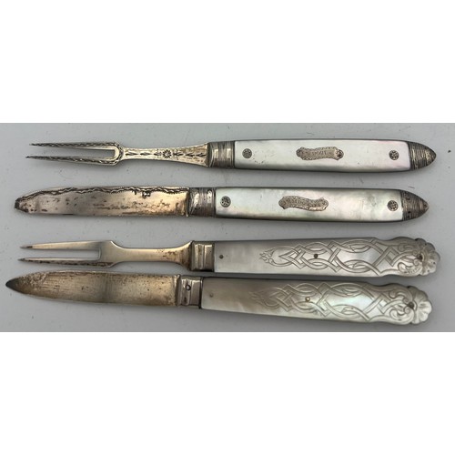 709 - Two pairs of silver and mother of pearl knives and forks. One pair engraved R.M Downes 1808, the oth... 