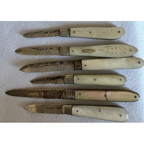 712 - Six silver and mother of pearl penknives including early 19thC. Various dates and makers.