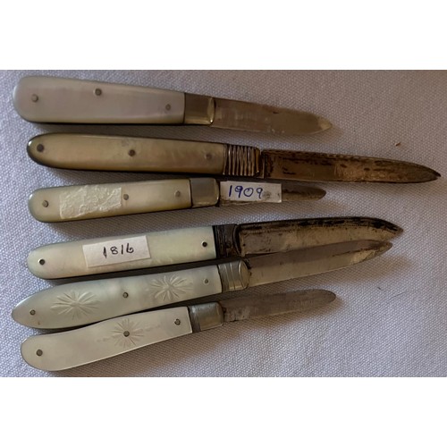 712 - Six silver and mother of pearl penknives including early 19thC. Various dates and makers.