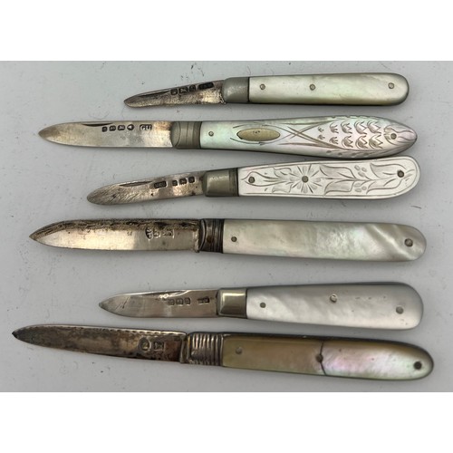 712 - Six silver and mother of pearl penknives including early 19thC. Various dates and makers.