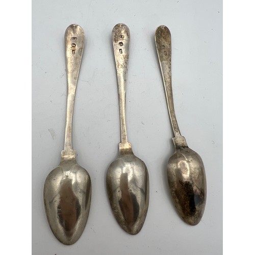 714 - Three Exeter silver teaspoons with bright cut decoration. Maker Richard Ferris 1797-8. Weight 33.9 g... 