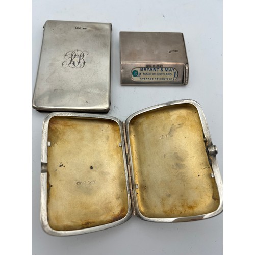 715 - Three hallmarked silver items, a cigarette case, a match case  and a leather lined case.