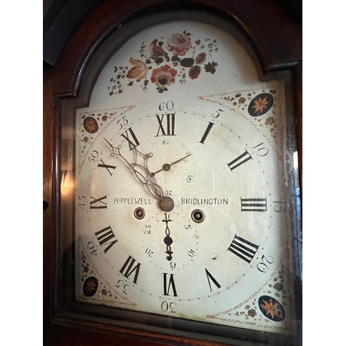 828 - An 18 day oak longcase clock, Popplewell, Bridlington with painted face. 223 h x 47 w x 25cm d.