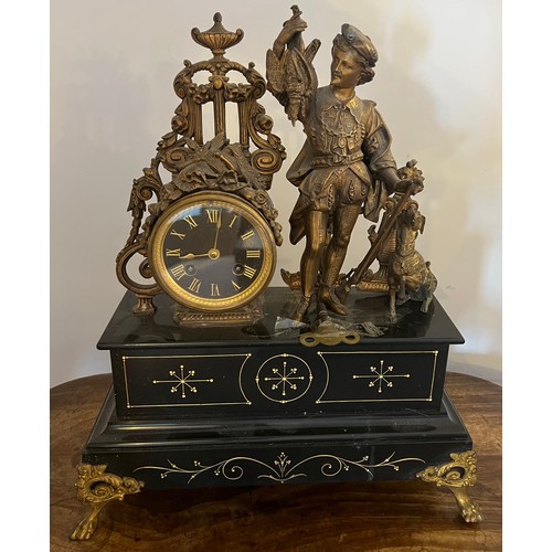 829 - A 19thC spelter mounted marble mantle clock with damage. 43cm h.