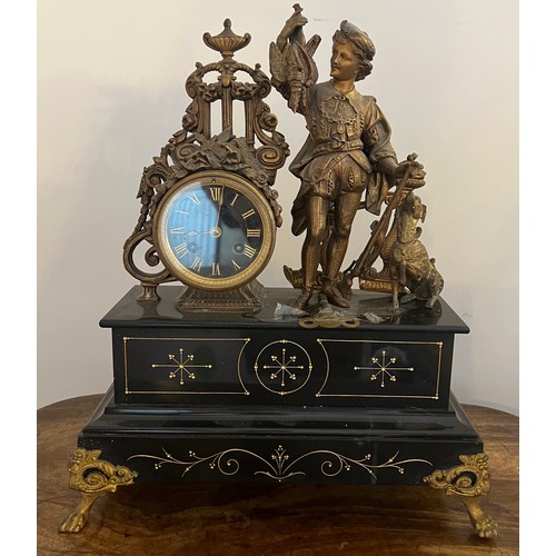 829 - A 19thC spelter mounted marble mantle clock with damage. 43cm h.