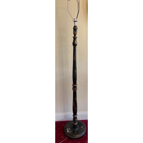 908 - Chinoiserie decorated black ground standard lamp. 154cm h to fitting.