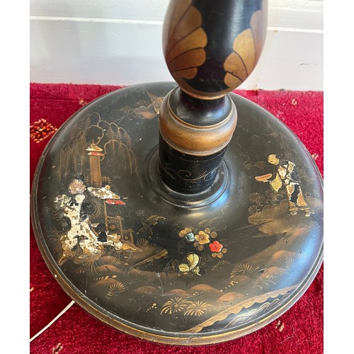 908 - Chinoiserie decorated black ground standard lamp. 154cm h to fitting.