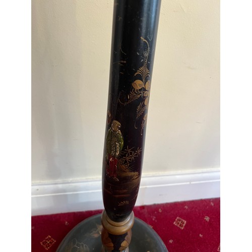 908 - Chinoiserie decorated black ground standard lamp. 154cm h to fitting.