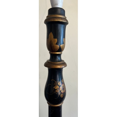 908 - Chinoiserie decorated black ground standard lamp. 154cm h to fitting.