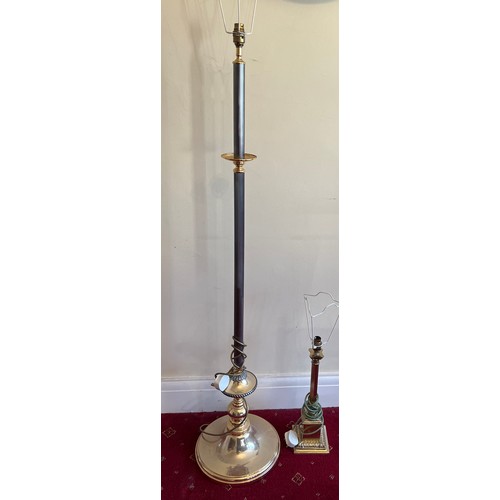 911 - Two brass lamps, one brass and metal standard lamp and a table lamp. 138 cm h & 44cm h.