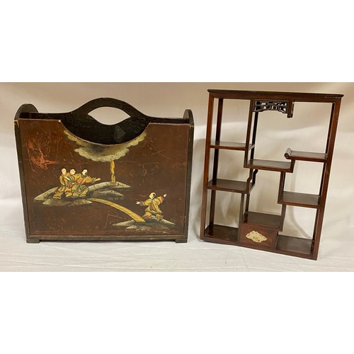 925 - A wooden lacquered two Section Magazine Rack 37cm at highest x 41cm w x 17cm d along with an orienta... 