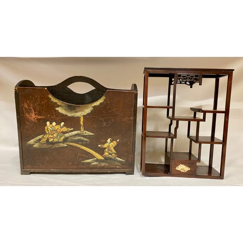 925 - A wooden lacquered two Section Magazine Rack 37cm at highest x 41cm w x 17cm d along with an orienta... 