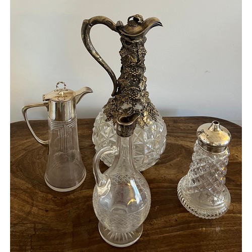 685 - Good quality claret jug with silver plated top 29cm h together with glass jug with plated top, a sil... 