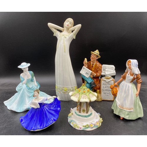 114 - Four Royal Doulton figurines to include The Milkmaid HN2057, Elaine HN3214, Stop Press HN2683, Daybr... 