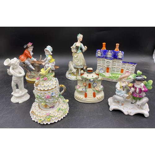 116 - Seven pieces of 19th/20thC ceramic figures, flat back and pastel burner.