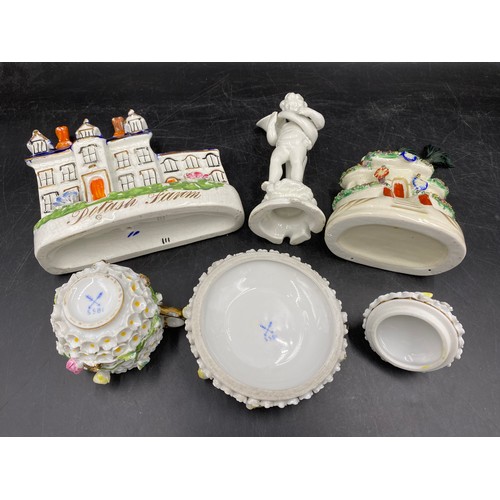 116 - Seven pieces of 19th/20thC ceramic figures, flat back and pastel burner.