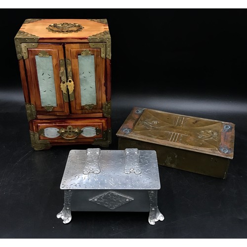 787 - Three boxes to include one wooden jewellery box with brass work, handle and fitted red lined interio... 