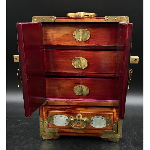 787 - Three boxes to include one wooden jewellery box with brass work, handle and fitted red lined interio... 