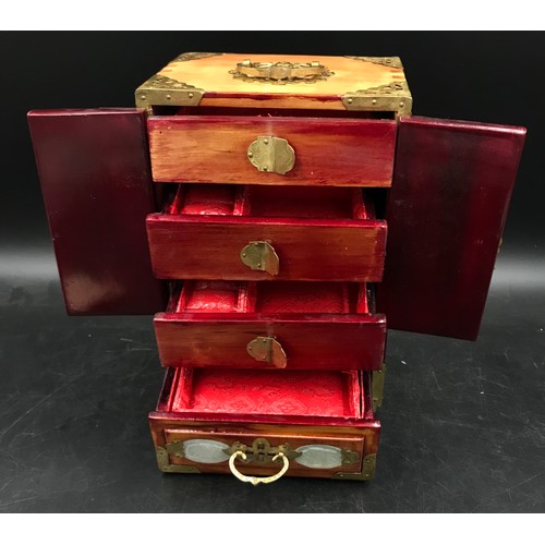 787 - Three boxes to include one wooden jewellery box with brass work, handle and fitted red lined interio... 