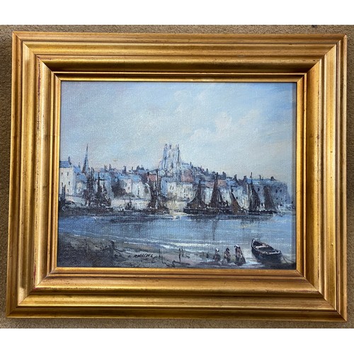 1160 - C.Russell (20thC) Harbour scene, oil on board. Image 19 x23.5cm. Frame 29,5 x 34.5cm.