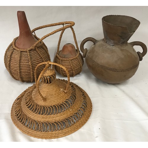 918 - African interest - Collection of African gourds and ceramic water carrier 30c h, basket ware etc.