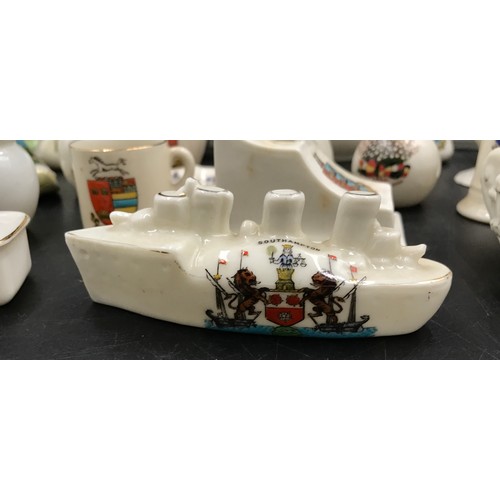 109 - Crested ware to include Arcadian model of a tank and torpedo boat destroyer:Southampton, Lighthouse:... 