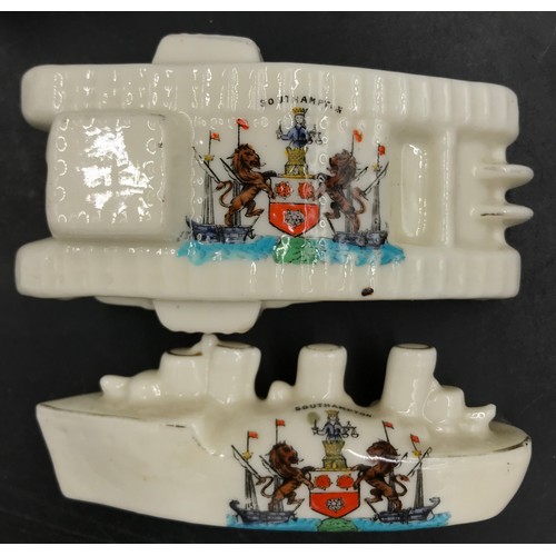 109 - Crested ware to include Arcadian model of a tank and torpedo boat destroyer:Southampton, Lighthouse:... 