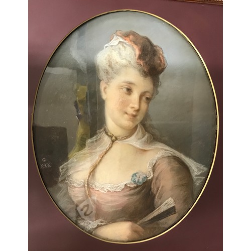 1167 - A 19thC oval pastel portrait of a lady in a pink dress, 24cm x 19cm, glazed in dull gilt frame. Mark... 