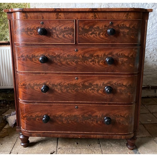 88 - A Victorian mahogany bow fronted chest of drawers with two short over three long drawers and origina... 