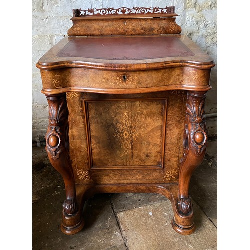 90 - A Victorian burr walnut and marquetry Davenport with fitted stationary box over a red leather slope ... 