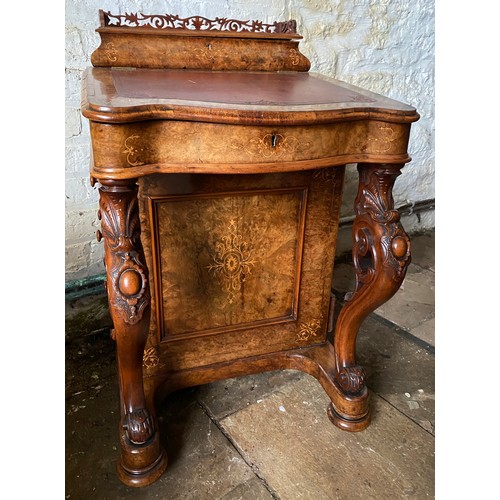 90 - A Victorian burr walnut and marquetry Davenport with fitted stationary box over a red leather slope ... 