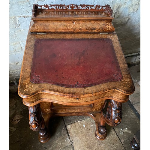 90 - A Victorian burr walnut and marquetry Davenport with fitted stationary box over a red leather slope ... 