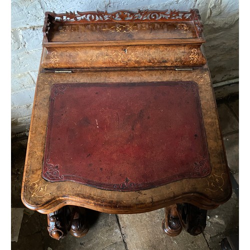 90 - A Victorian burr walnut and marquetry Davenport with fitted stationary box over a red leather slope ... 